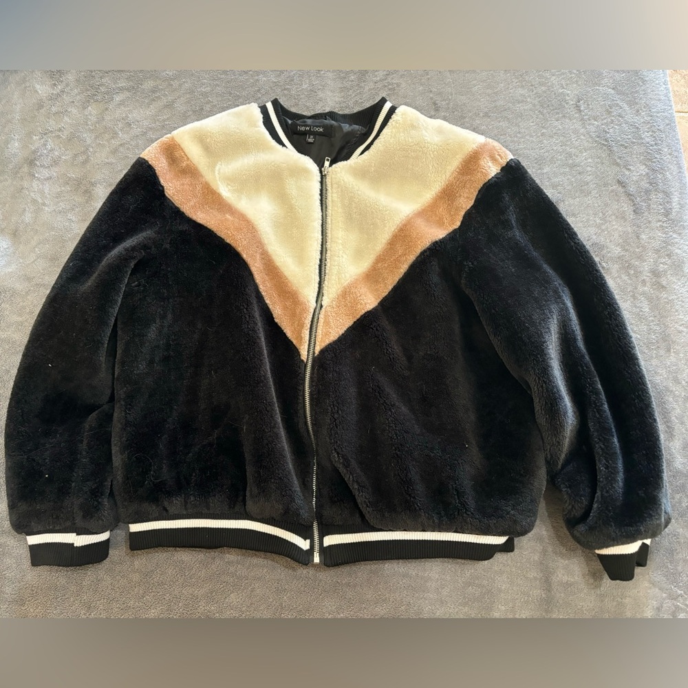 New Look Black and Cream Faux Fur Jacket